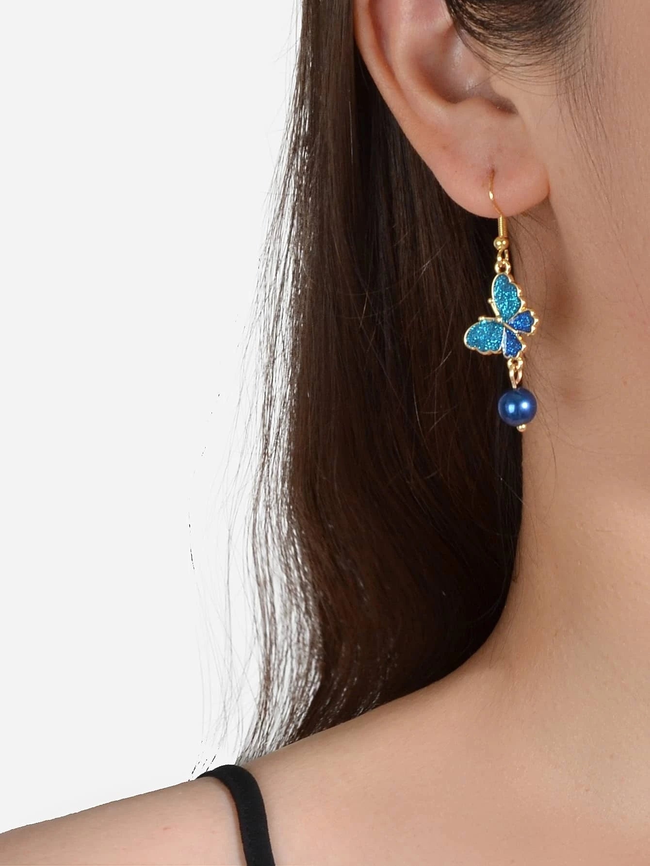 AU Stock Dark Blue Pearl Beads Butterfly Dangle Drop Earrings Bling Jewellery-0