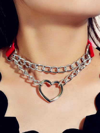 Double Layer Chunky Silver Chain Heart Charm Sexy Leather Choker Grunge Collar-5