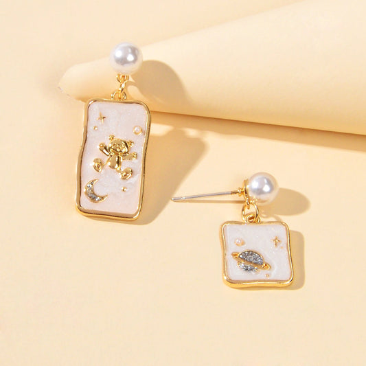 Funny Pearl White Enamel Bear Planet Star Pattern Square Asymmetric Earrings-1