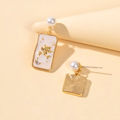 Funny Pearl White Enamel Bear Planet Star Pattern Square Asymmetric Earrings-2