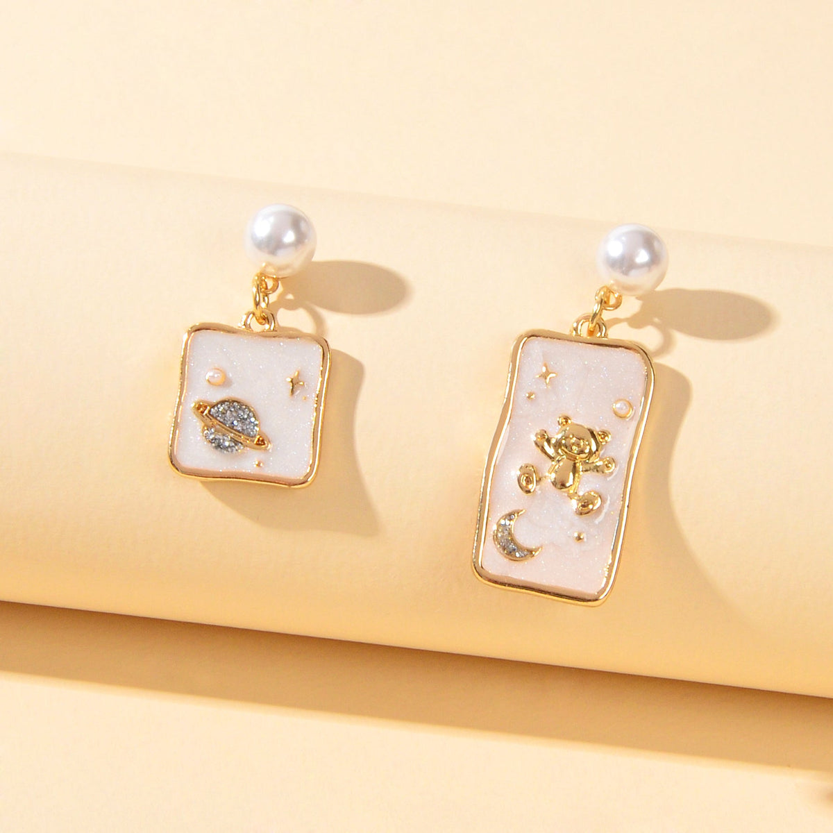 Funny Pearl White Enamel Bear Planet Star Pattern Square Asymmetric Earrings-0