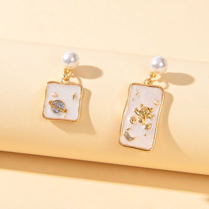 Funny Pearl White Enamel Bear Planet Star Pattern Square Asymmetric Earrings-0