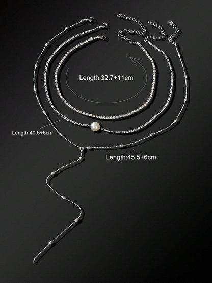 Silver Triple-Layer Chain Long Tassel Necklace Elegant Statement Piece-3