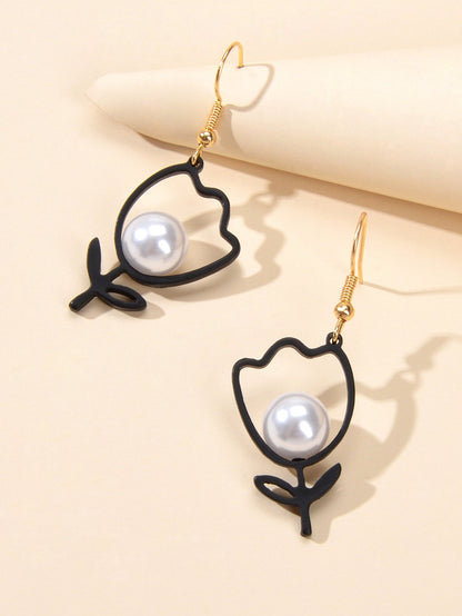 Retro Accessories Pearl Black Flower Dangle Earrings Nice Ladies Teens Jewellery-2