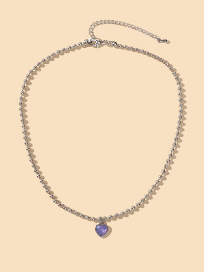 Party Decoration Popcorn Beads Silver Chain Purple Love Heart Charm Necklace-2