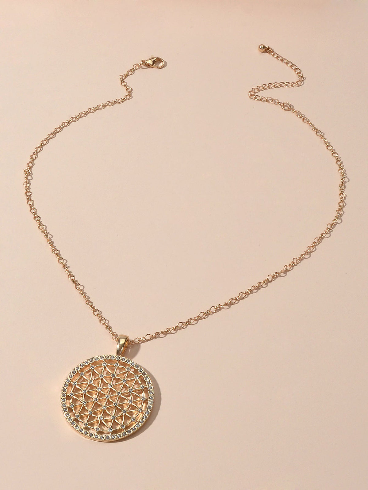 Good Quality Jewellery Gold Chain Rhinestone Decor Hollow Round Pendant Necklace-2
