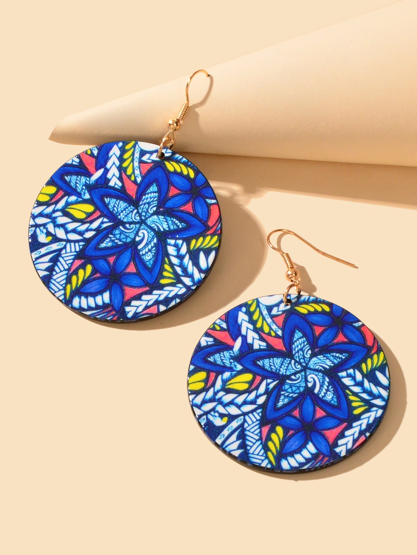 Vacation Jewellery Bohemia Chic Style Blue Flower Pattern Acrylic Round Earrings-2