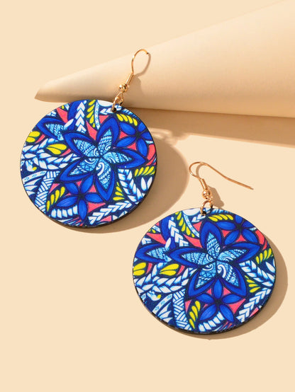 Vacation Jewellery Bohemia Chic Style Blue Flower Pattern Acrylic Round Earrings-2