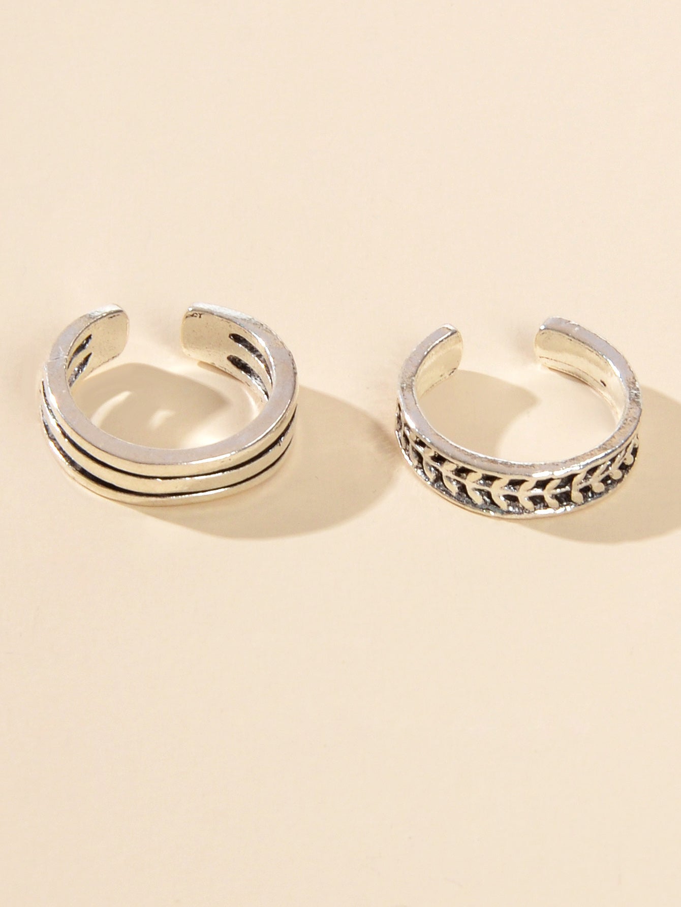 2 pcs Vintage Silver Teens Carved Leaf Multiple Stackable Open Cuff Toe Rings-2