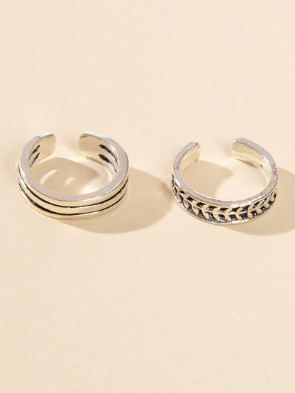 2 pcs Vintage Silver Teens Carved Leaf Multiple Stackable Open Cuff Toe Rings-2