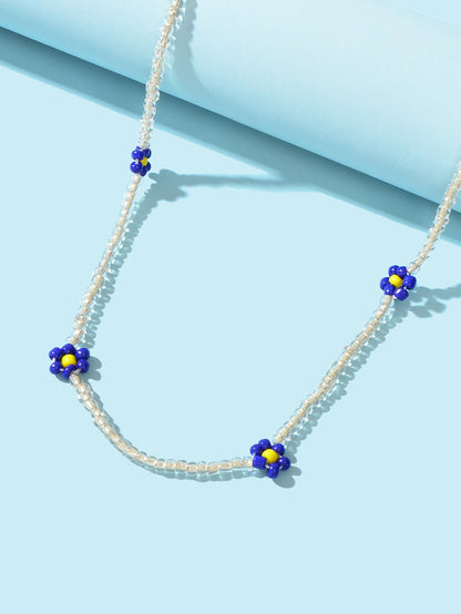 Boho Handmade Seed Beads Choker Blue Flower Collar Necklace Prom Party Jewellery-2