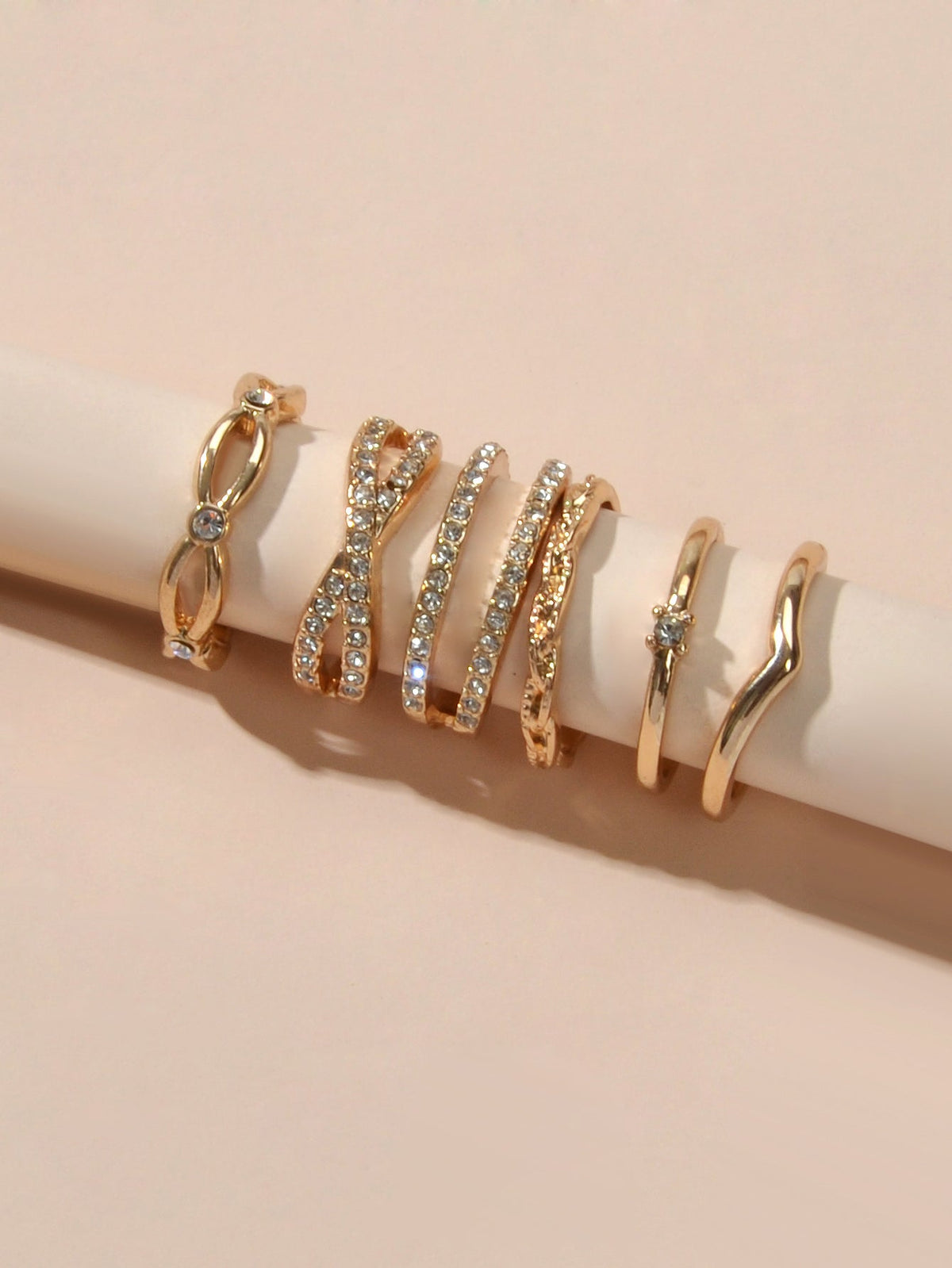 6pcs Band Women Gold Metal with Rhinestone Multiple Midi Finger Knuckle Ring set-2