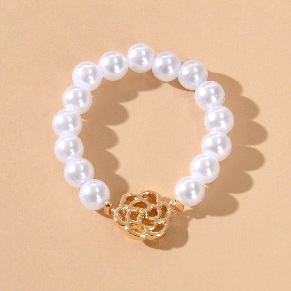 Perfect Elastic Pearl Gold Flower Finger Ring Wedding Engagement Gift Jewellery-2