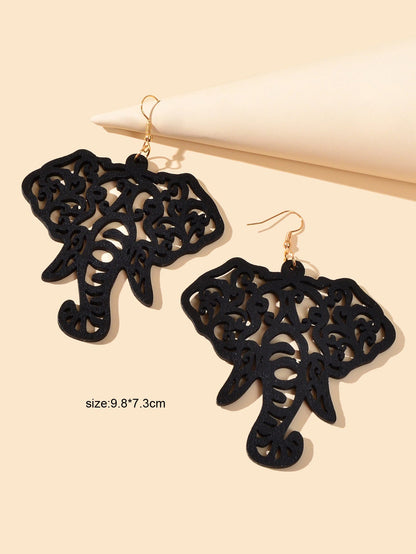 American Jewellery Indian Black Hollow Wood Elephant Big Ethnic Dangle Earrings-2