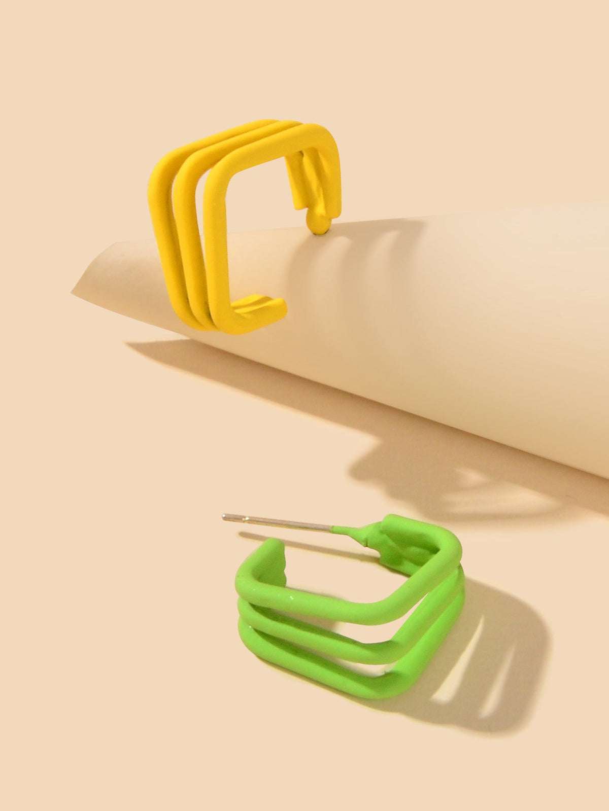 Unique Designer Yellow Green Geometric Personality Asymmetric Hoop Stud Earrings-2