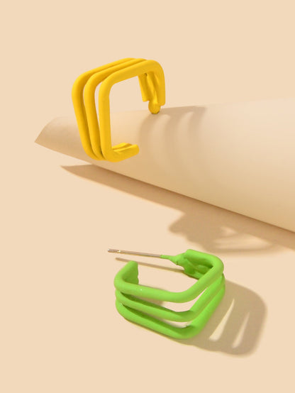 Unique Designer Yellow Green Geometric Personality Asymmetric Hoop Stud Earrings-2