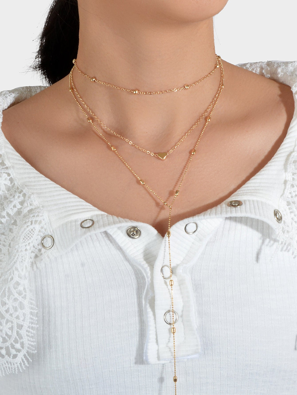3 pcs Gold Silver Chain Multi-layer Necklace Heart Charm Necklace Ladies Jewelry-2
