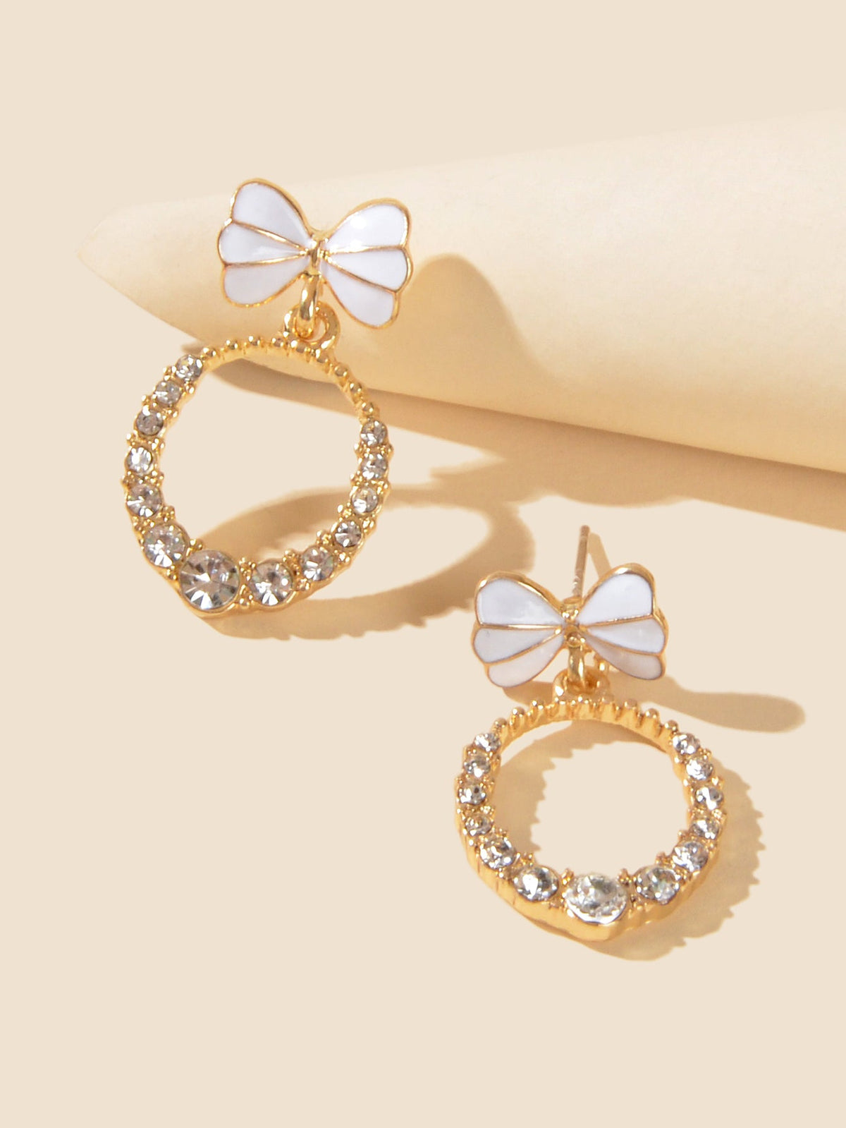 Women Teen Girls White Enamel Bow Rhinestone Circle Stud Lightweight Earrings-2