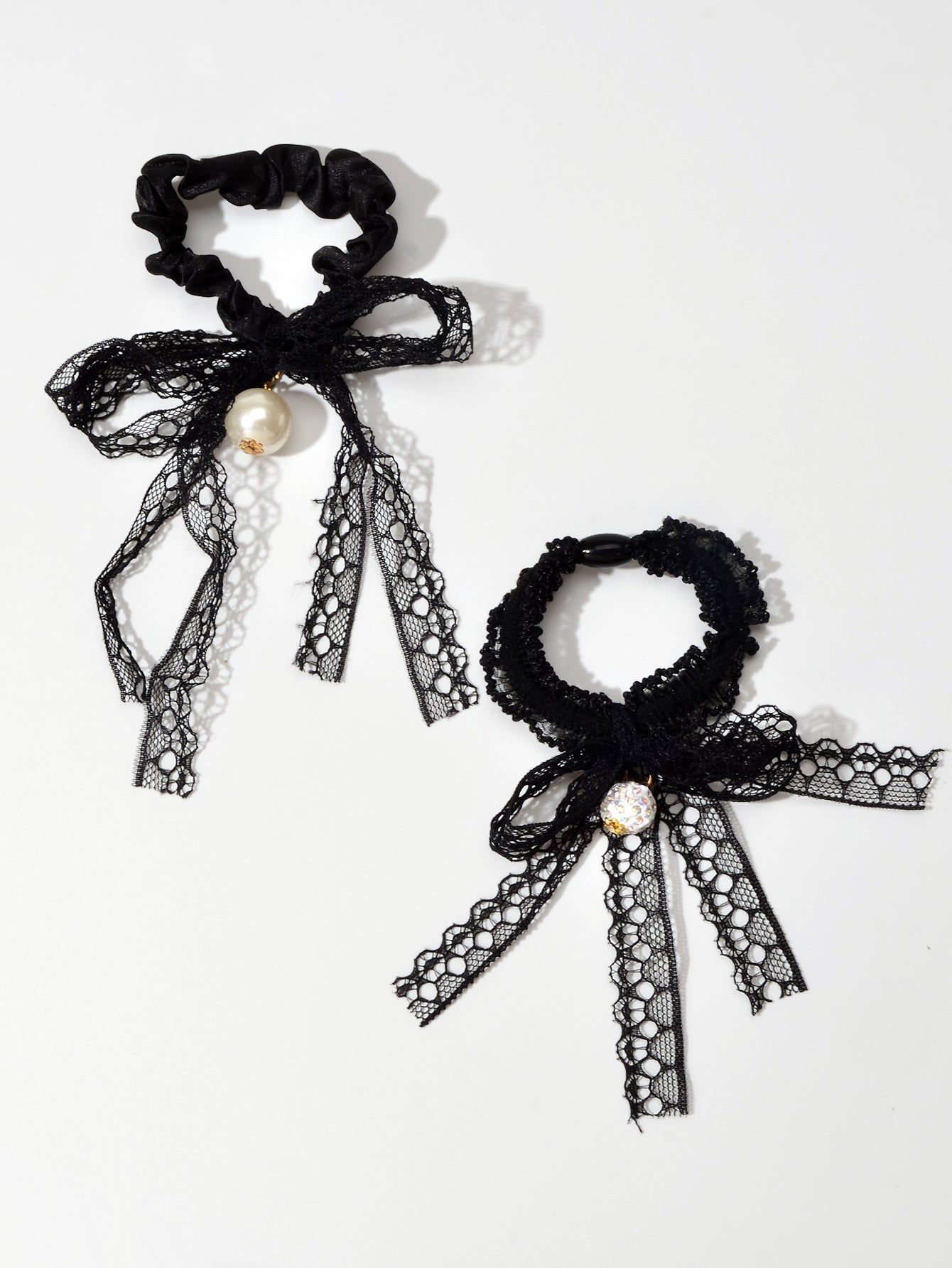 2pcs Black Lace Bead Elastic Bowknot Hair Ties Ropes Women Girl Hair Accessories-2