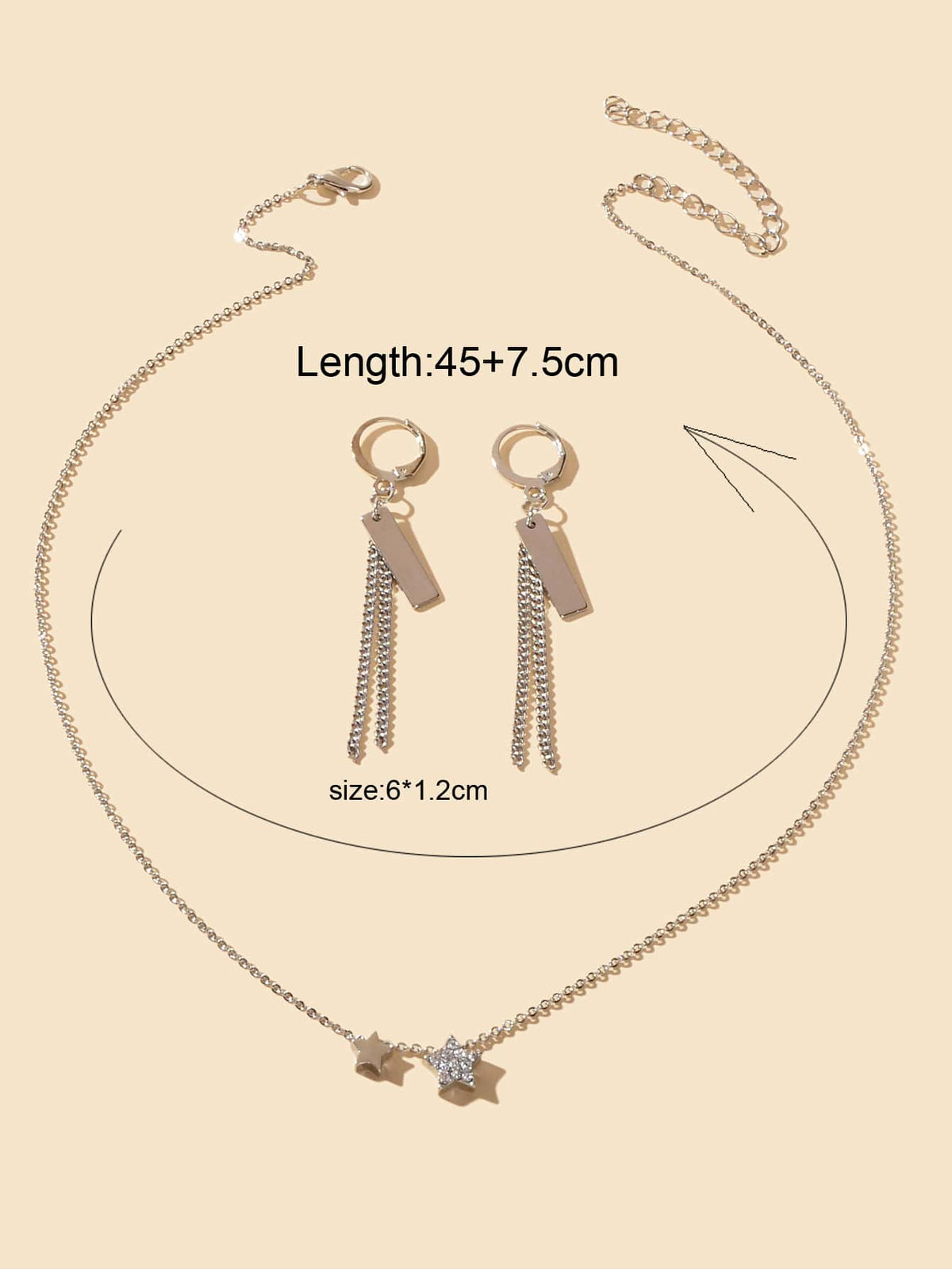 Silver Star Pendant Necklace & Rectangular Tassel Earrings Set Celestial Charm-3