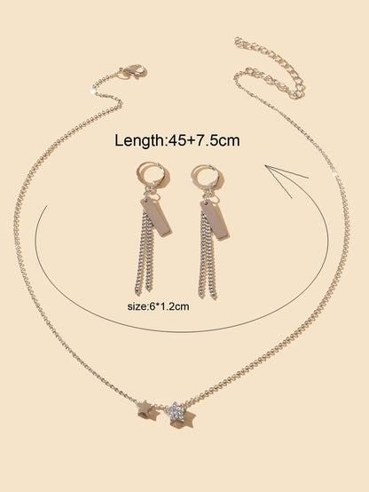 Silver Star Pendant Necklace & Rectangular Tassel Earrings Set Celestial Charm-3