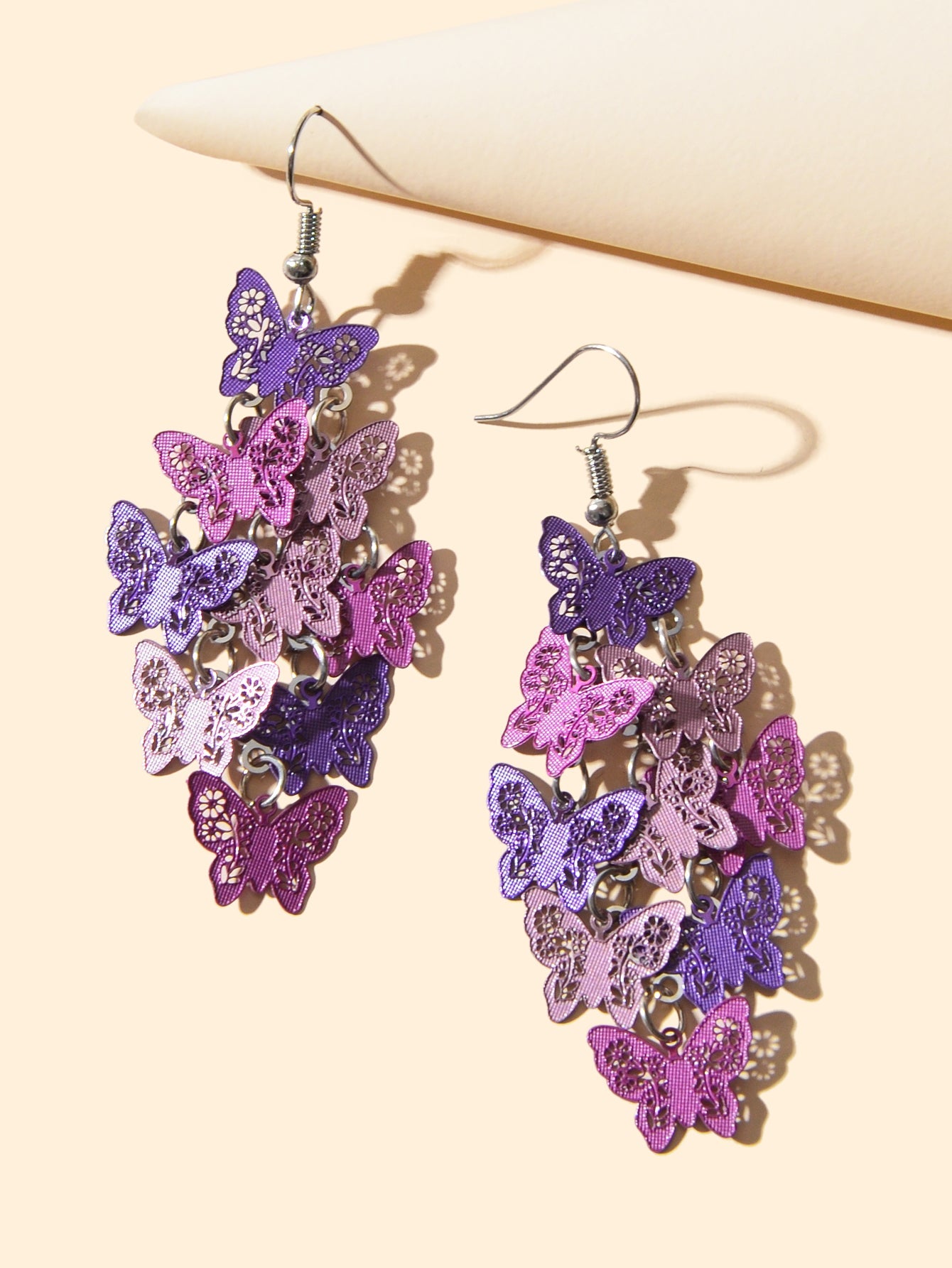 Women's Fashion Hot Pink Purple Hollow Multi-level Butterfly Chandelier Earrings-2