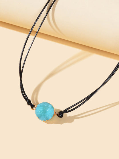 Boho Chic 90s Round Resin Black Pu Leather Grunge Collar Tattoo Choker Necklace-2