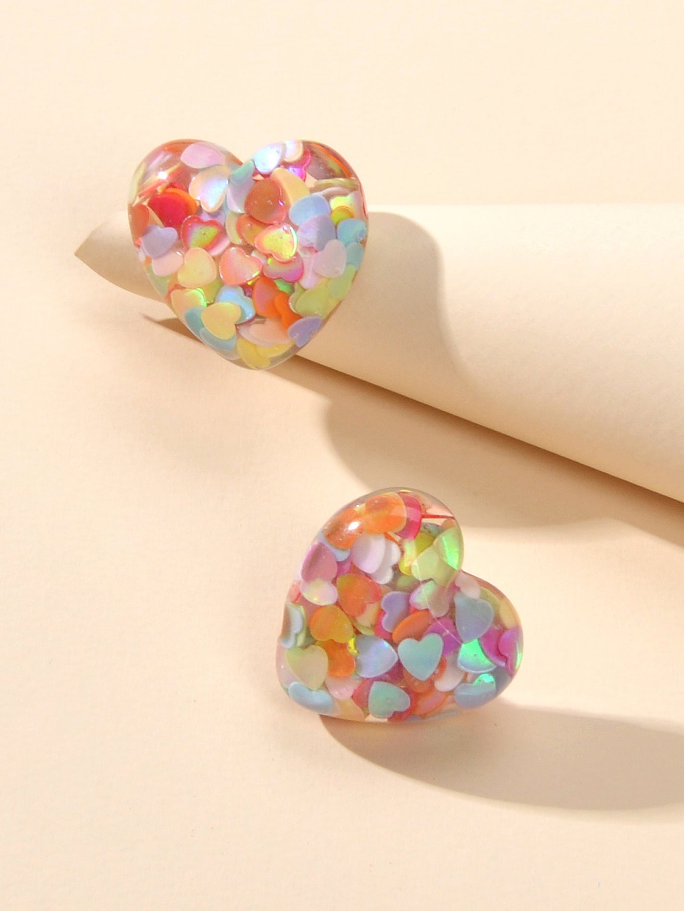 Love Heart Handmade Sparkle Glitter Stud Sequins Pierced Earrings Resin Jewelry-2
