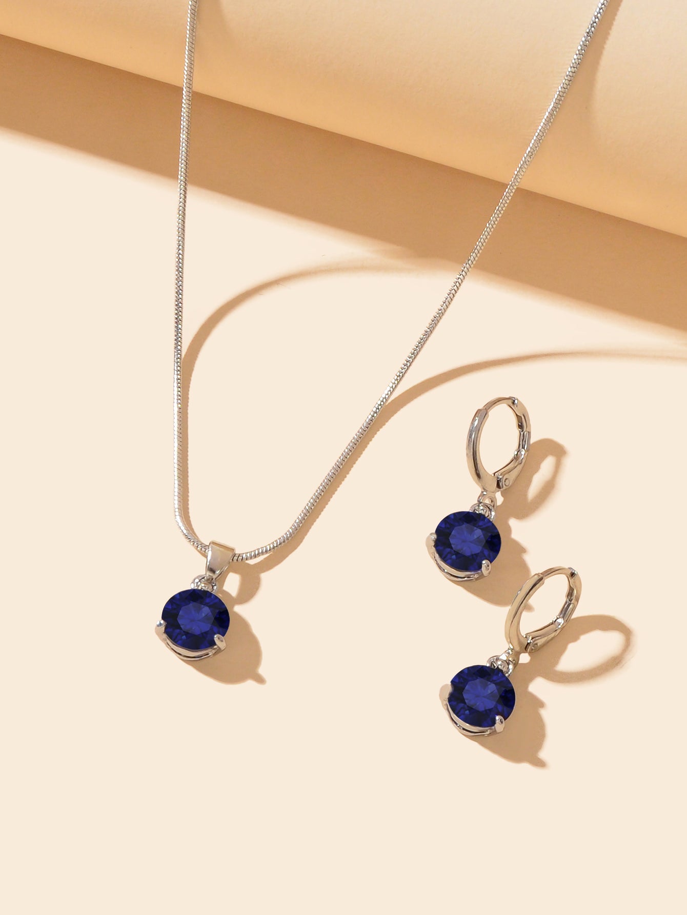 Round Navey Blue Imitation Gem Pendant Necklace Huggie Earrings Jewellery Set-2