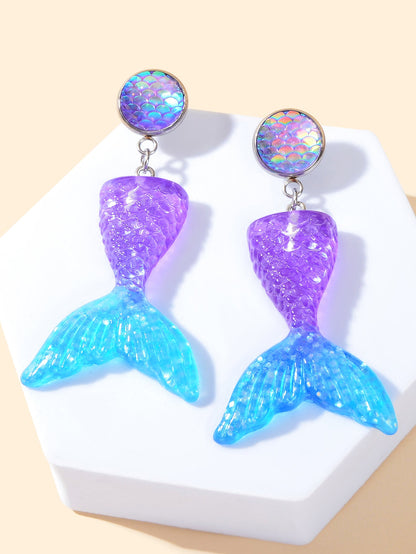 Sparkling Purple Blue Resin Mermaid Fish Tail Pendant Earrings for Women Holiday-2
