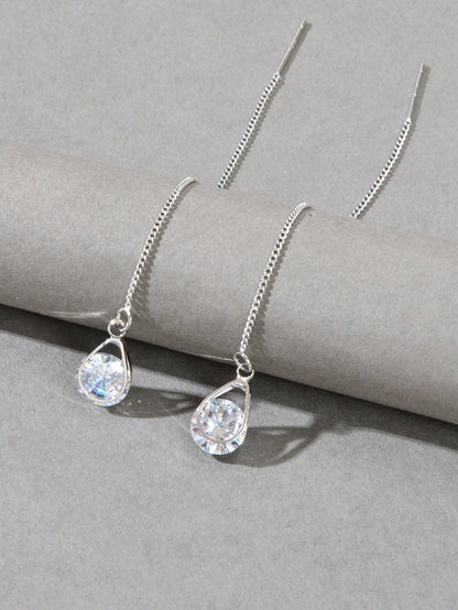 Ladies Jewellery Silver Long Chain Faux Cubic Zirconia Charm Dangle Earrings-2