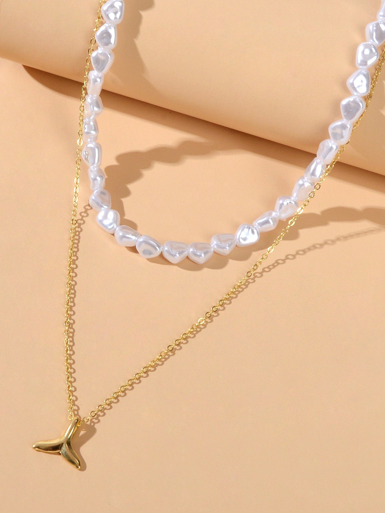 Textured Accessories Double layer Chain Pearl Choker Fish Tail Pendant Necklace-2