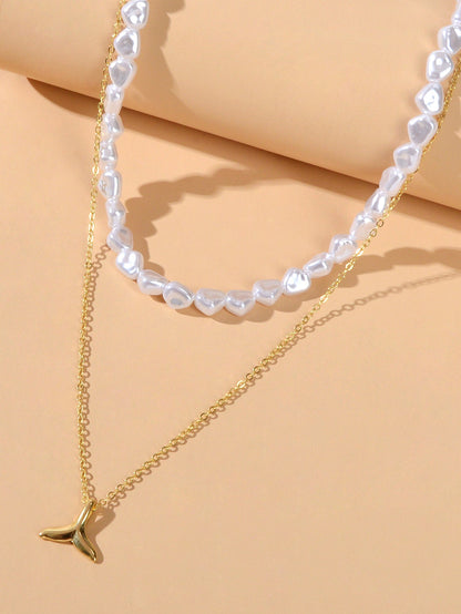 Textured Accessories Double layer Chain Pearl Choker Fish Tail Pendant Necklace-2