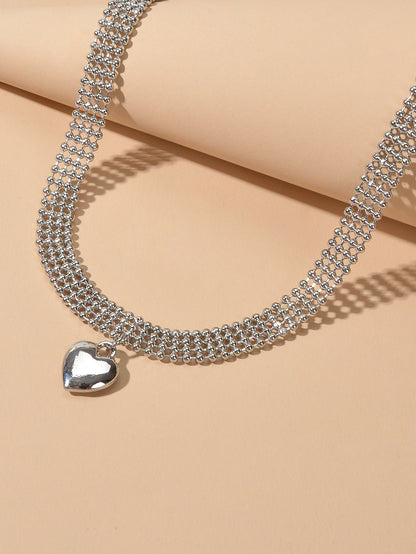 Wide Multi-layer Popcorn Silver Chain Heart Necklace Women Party Decoration Gift-2
