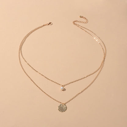 Female Layered Gold Chain Pearl Round Disc Pendant Necklace Party Accessories-2