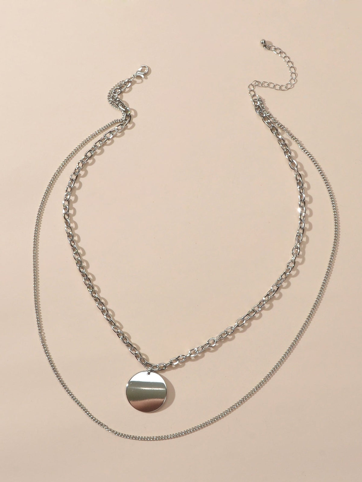 Statement Jewelry Double layer Silver Long Chain Geometric Round Charm Necklace-2