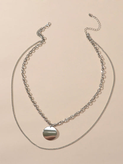 Statement Jewelry Double layer Silver Long Chain Geometric Round Charm Necklace-2