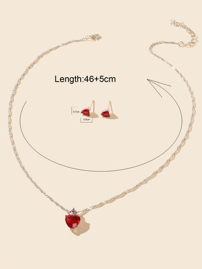 Valentine's Day Jewelry Set Gift Red Imitation Gemstone Heart Necklace Earrings-2