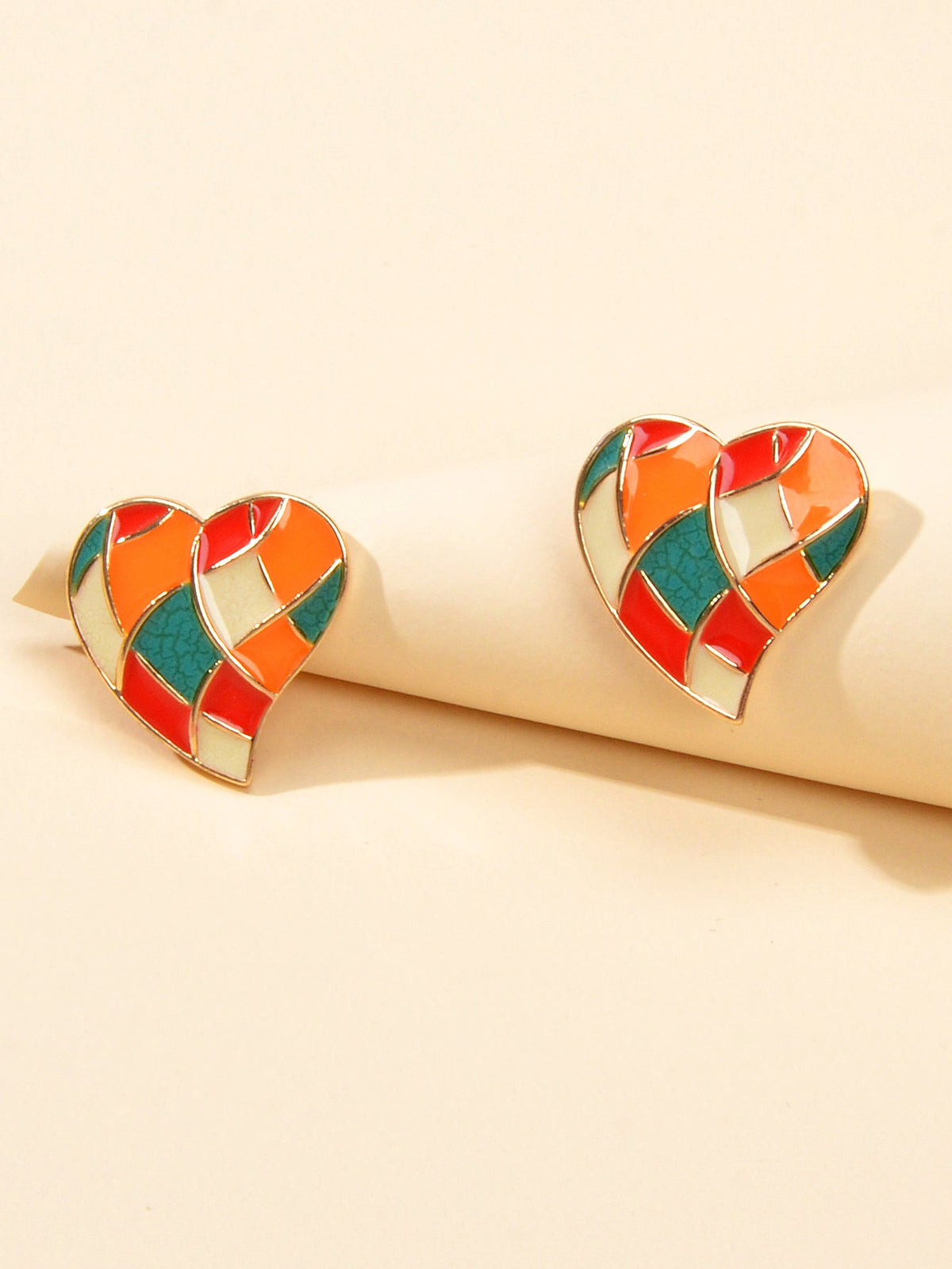 Candy Color Enamel Checkerboard Love Heart Stud Earrings Retro Trendy Accessory-2