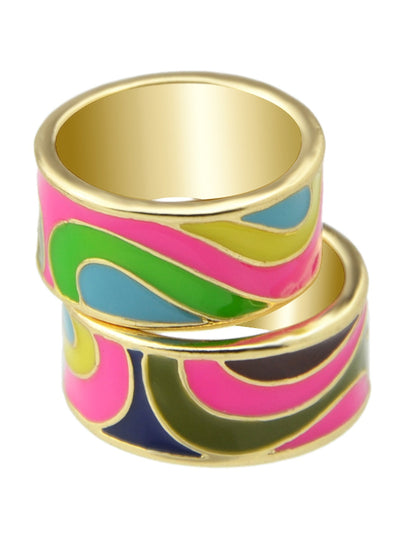 Ethnic Jewelry Geometric Pattern Colourful Enamel Gold Chunky Bohemian Band Ring-2