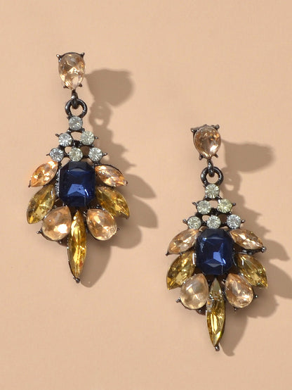 Luxurious Blue Champagne Crystal Flower Wedding Dangle Chunky Chandelier Earring-2
