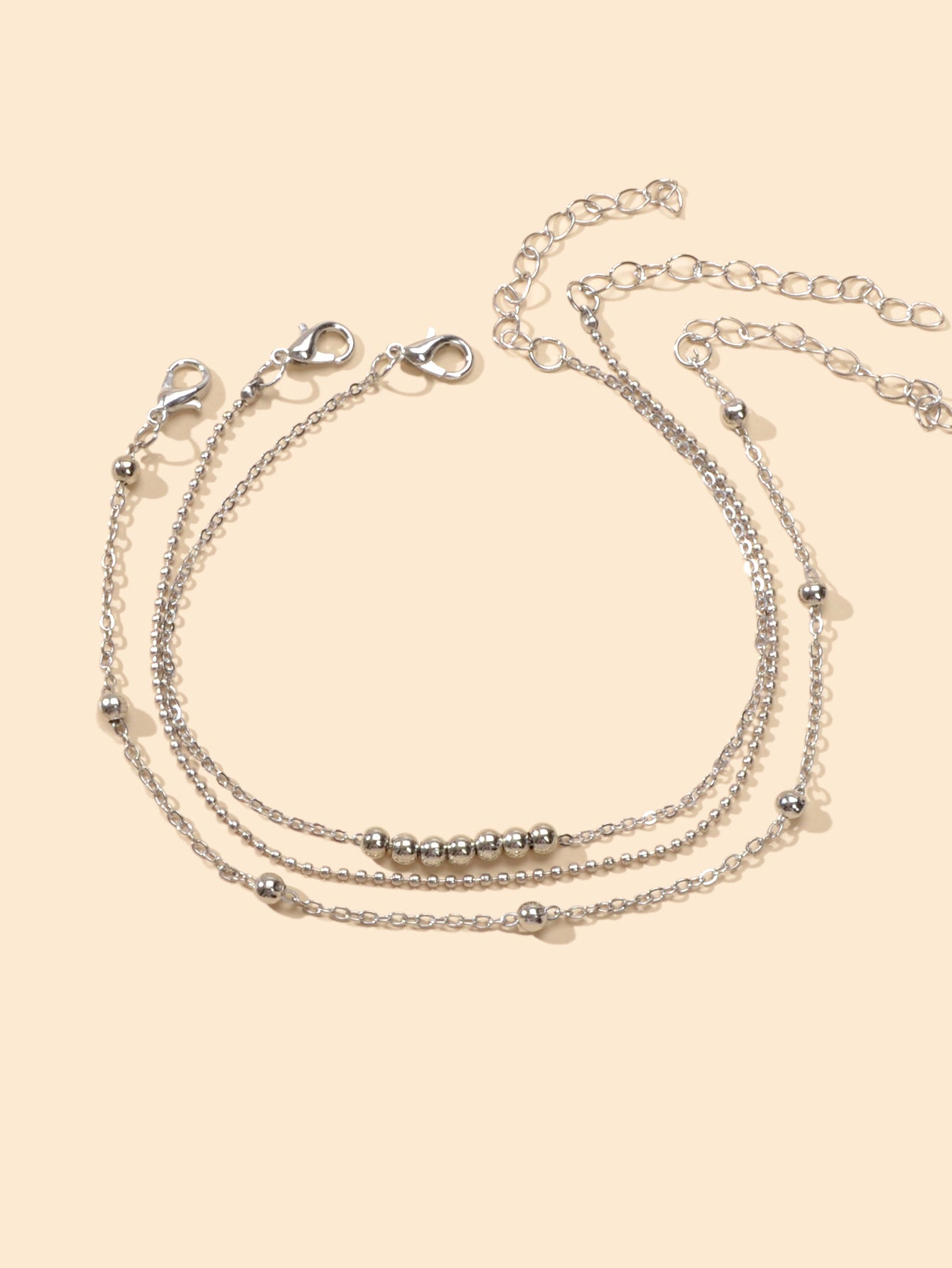 Barefoot Sandals Anklet Bracelet 3pcs Silver Chain Beads Adjustable Foot Jewelry-2