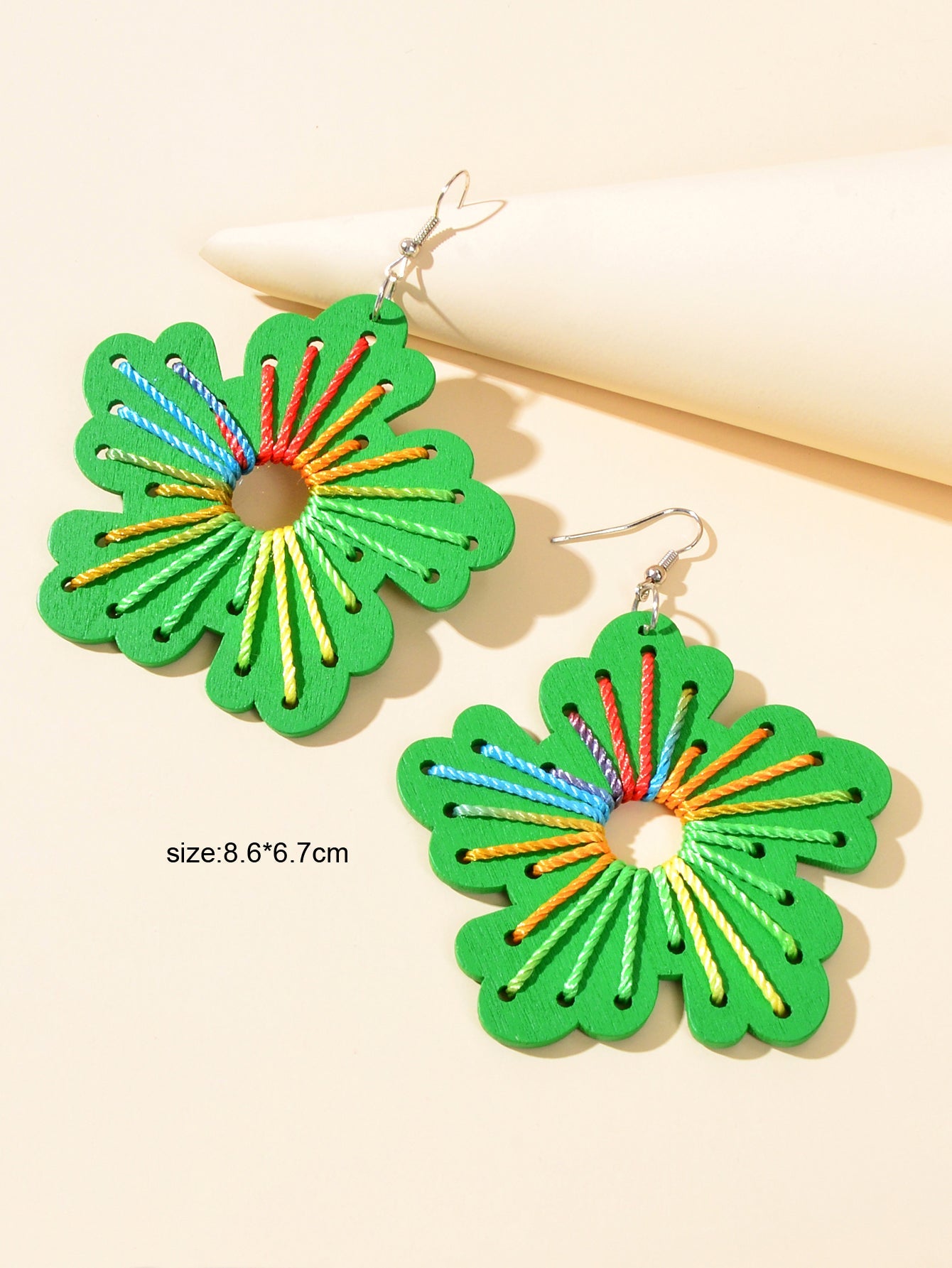 Boho Handmade Jewellery Colorful Rope Braided Green Flower Wood Holiday Earrings-2