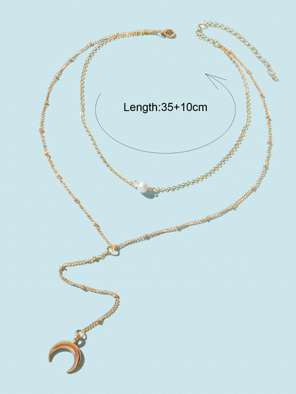 Fashion Jewellery Double layer Gold Chain Lariat Y Style Moon Pendant Necklace-3