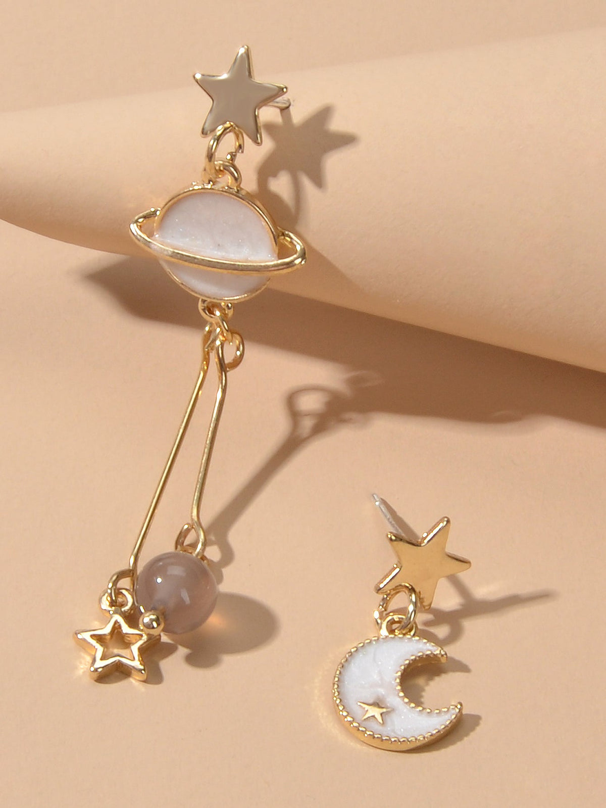 Stunning Gold Chain White Moon Planet Star Charm Stud Drop Asymmetric Earrings-2