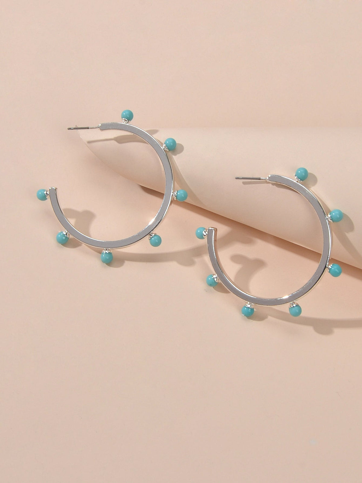 Designer Stylish Blue Hotpink Beads Silver Circle C Hoop Huggie Stud Earrings-2