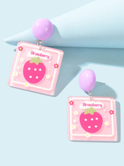 Sweet Acrylic Pink Strawberry Square Dangle Stud Earrings Y2k Style Accessories-2