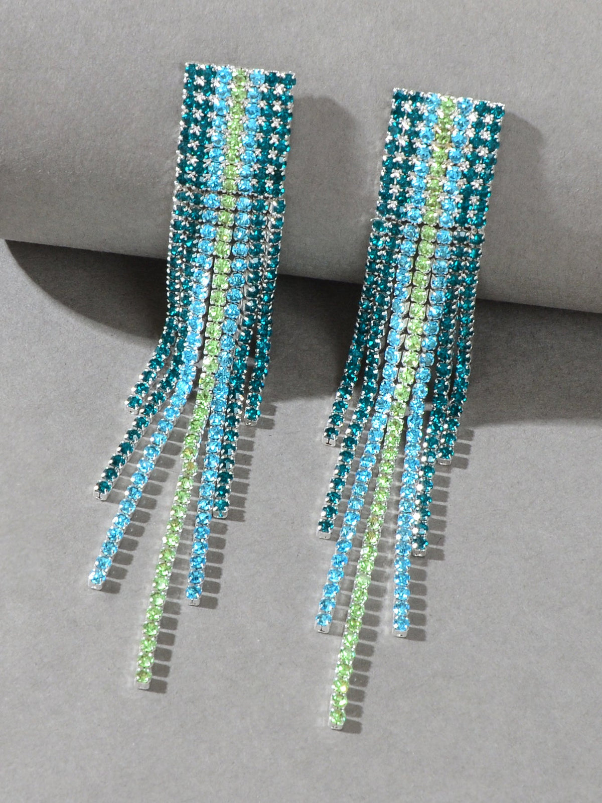 Sparkling Tassel Full Blue Rhinestone Fringe Chain Pierced Chandelier Earrings-2