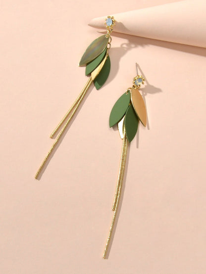 Female Jewellery Gold Green Leaf Long Chain Dangle Pierced Charm Women Earrings-2