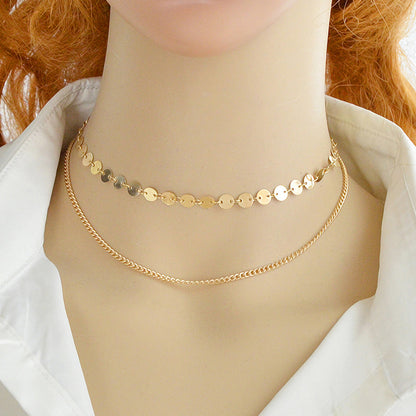 Beautiful Ladies Jewelry Double layer Disc Chain Short Collar Clavicle Necklace-2